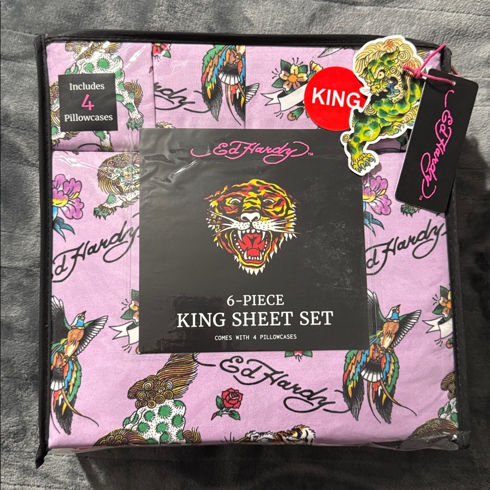 Ed Hardy Purple/Lilac King Sheet Set, Birds,Tigers,Flowers Tattoo Illustrations - Picture 1 of 10